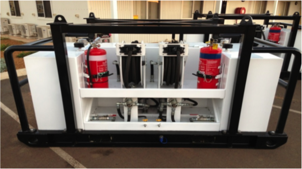 Oil Service Unit incorporating two 220 litre self-bunded tanks with individual diaphragm pumps, retractable hose reels and digital counters