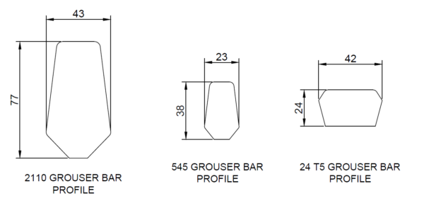 dimensions for three different shapes of grouser bar
